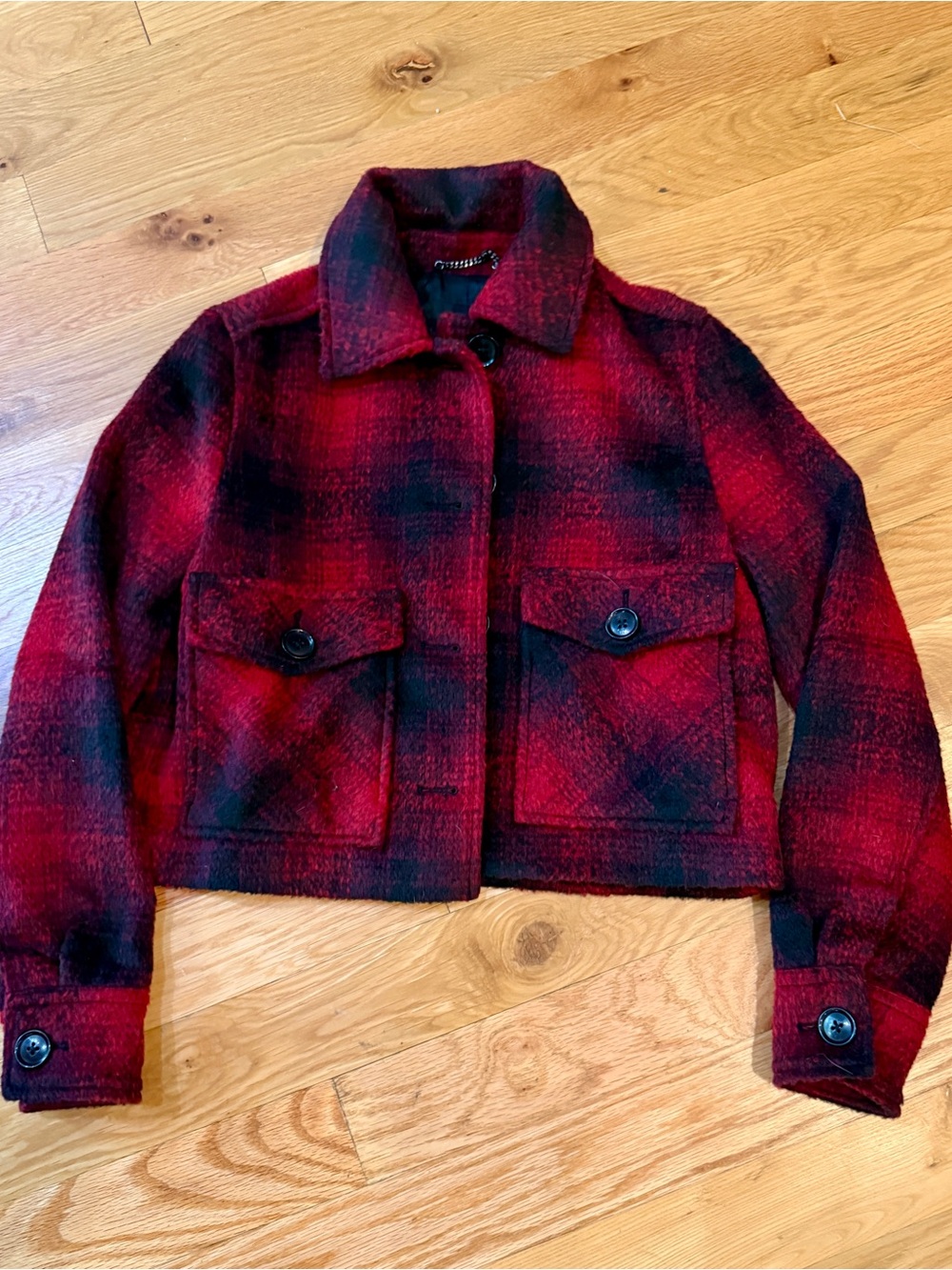Banana Republic Red and Black Plaid Cropped Wool Jacket XS
